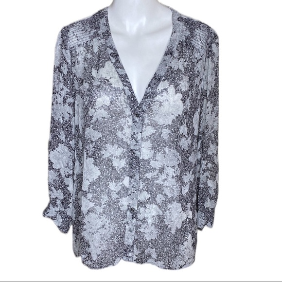 Joie Women's Size M Long Sleeve Silk Top Grey Black Print Button Down - Picture 2 of 10